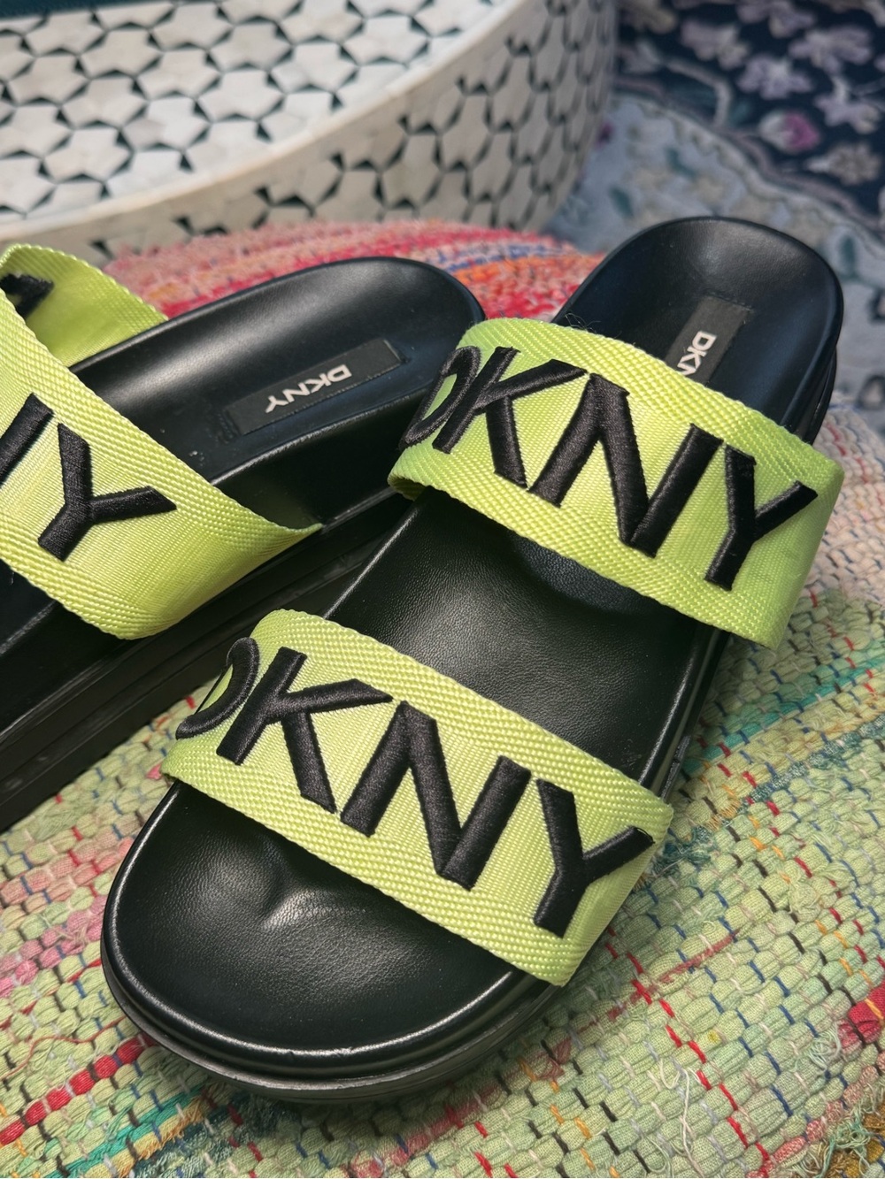 DKNY Black Slide Sandals with Neon Yellow Logo Straps Platform Logo Heeled - Picture 2 of 6